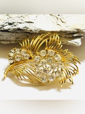 Lisner Gold Crystal Floral Feather Brooch - Elegant Women's Jewelry
